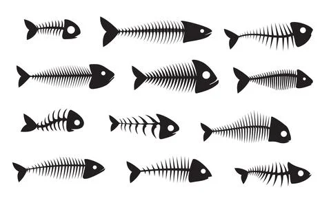 Fish bone silhouettes, black fishbone skeletons Stock Illustration