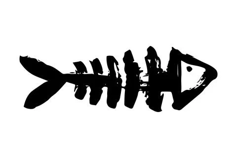 Fish bone skeleton hand painted with ink brush Illustrazione stock