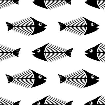 Fish Bone Skeleton Seamless Pattern. Sea Fishes Icons. Stock Illustration