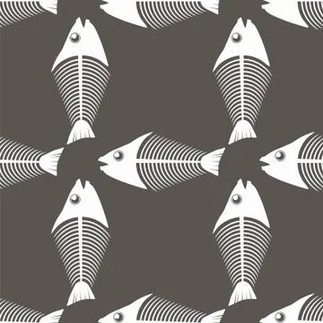 Fish Bone Skeleton Seamless Pattern. Sea Fishes Icons. Stock Illustration