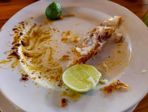 Fish bones, leftovers from fried fish with lemon Stock Photos