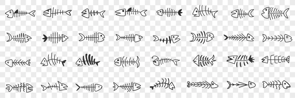 Fish bones pattern doodle set Stock Illustration