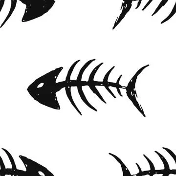 Fish bones Seamless pattern. Fish skeleton doodle, Hand drawn Cartoon Vector  Stock Illustration