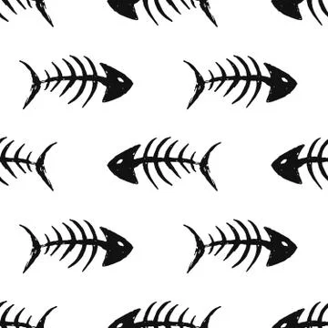 Fish bones Seamless pattern. Fish skeleton doodle, Hand drawn Cartoon Vector  イラスト素材