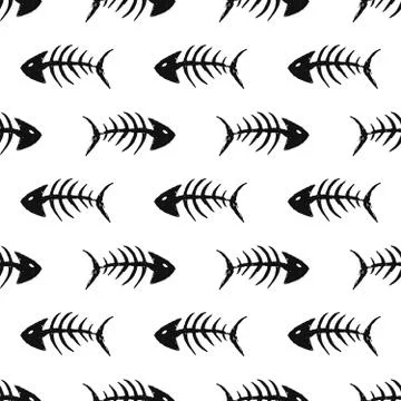 Fish bones Seamless pattern. Fish skeleton doodle, Hand drawn Cartoon Vector  Stock Illustration