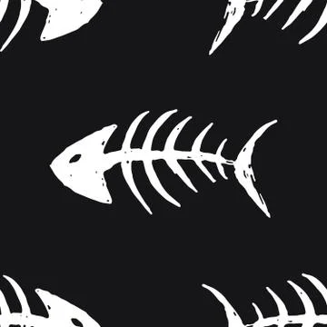 Fish bones Seamless pattern. Fish skeleton doodle, Hand drawn Cartoon Vector  イラスト素材