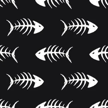 Fish bones Seamless pattern. Fish skeleton doodle, Hand drawn Cartoon Vector  Stock Illustration
