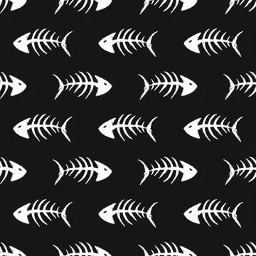 Fish bones Seamless pattern. Fish skeleton doodle, Hand drawn Cartoon Vector  Stock Illustration
