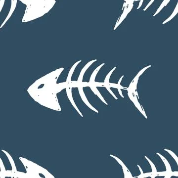 Fish bones Seamless pattern. Fish skeleton doodle, Hand drawn Cartoon Vector  Stock Illustration