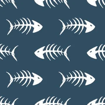 Fish bones Seamless pattern. Fish skeleton doodle, Hand drawn Cartoon Vector  イラスト素材