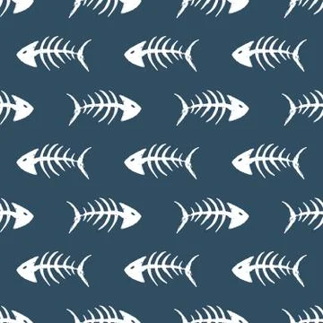 Fish bones Seamless pattern. Fish skeleton doodle, Hand drawn Cartoon Vector  Stock Illustration