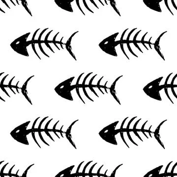 Fish bones Seamless pattern. Fish skeleton doodle, Hand drawn Cartoon Vector  Stock Illustration