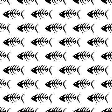 Fish bones Seamless pattern. Fish skeleton doodle, Hand drawn Cartoon Vector  Stock Illustration