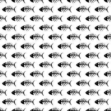 Fish bones Seamless pattern. Fish skeleton doodle, Hand drawn Cartoon Vector  Stock Illustration