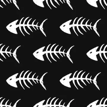 Fish bones Seamless pattern. Fish skeleton doodle, Hand drawn Cartoon Vector  Stock Illustration