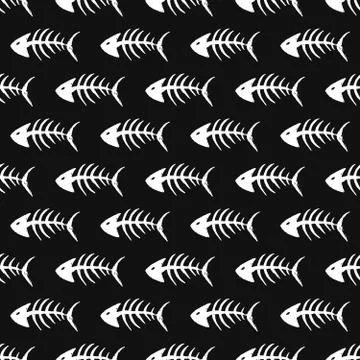 Fish bones Seamless pattern. Fish skeleton doodle, Hand drawn Cartoon Vector  Stock Illustration