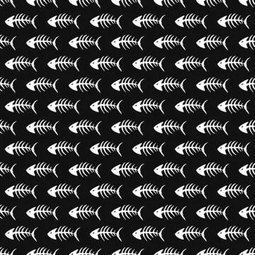 Fish bones Seamless pattern. Fish skeleton doodle, Hand drawn Cartoon Vector  Stock Illustration