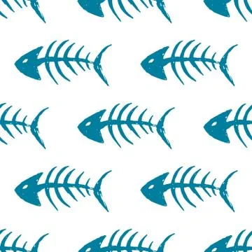 Fish bones Seamless pattern. Fish skeleton doodle, Hand drawn Cartoon Vector  Stock Illustration