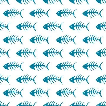 Fish bones Seamless pattern. Fish skeleton doodle, Hand drawn Cartoon Vector  Stock Illustration