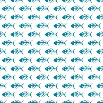 Fish bones Seamless pattern. Fish skeleton doodle, Hand drawn Cartoon Vector  Stock Illustration