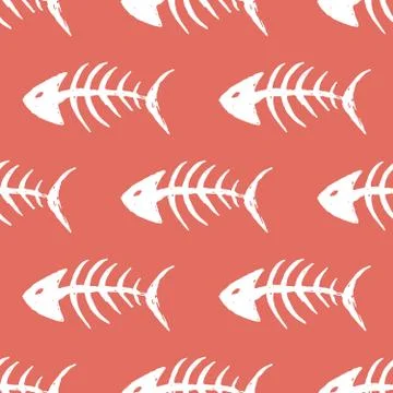 Fish bones Seamless pattern. Fish skeleton doodle, Hand drawn Cartoon Vector  Stock Illustration