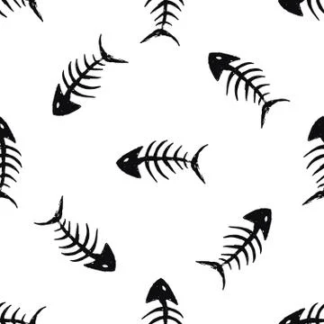 Fish bones Seamless pattern. Fish skeleton doodle, Hand drawn Cartoon Vector  Stock Illustration
