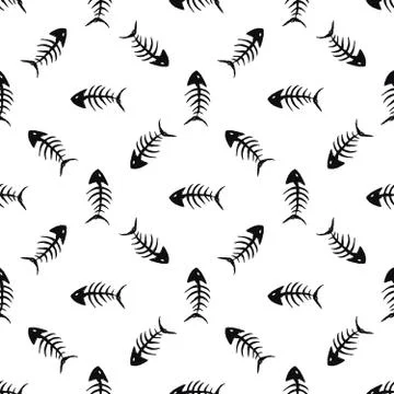 Fish bones Seamless pattern. Fish skeleton doodle, Hand drawn Cartoon Vector  Stock Illustration