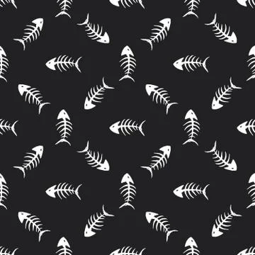 Fish bones Seamless pattern. Fish skeleton doodle, Hand drawn Cartoon Vector  Stock Illustration