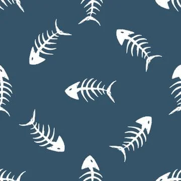 Fish bones Seamless pattern. Fish skeleton doodle, Hand drawn Cartoon Vector  Stock Illustration