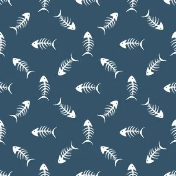 Fish bones Seamless pattern. Fish skeleton doodle, Hand drawn Cartoon Vector  イラスト素材