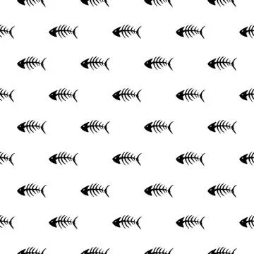 Fish bones Seamless pattern. Fish skeleton doodle, Hand drawn Cartoon Vector  Stock Illustration