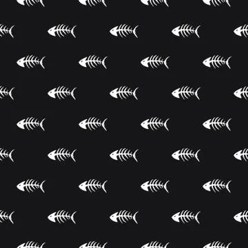 Fish bones Seamless pattern. Fish skeleton doodle, Hand drawn Cartoon Vector  Stock Illustration