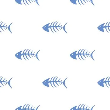 Fish bones Seamless pattern. Fish skeleton doodle, Hand drawn Cartoon Vector  イラスト素材