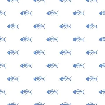 Fish bones Seamless pattern. Fish skeleton doodle, Hand drawn Cartoon Vector  Stock Illustration