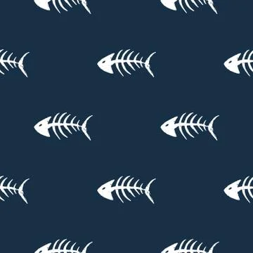 Fish bones Seamless pattern. Fish skeleton doodle, Hand drawn Cartoon Vector  Stock Illustration
