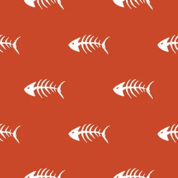 Fish bones Seamless pattern. Fish skeleton doodle, Hand drawn Cartoon Vector  Stock Illustration
