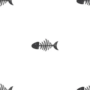 Fish bones Seamless pattern. Fish skeleton sketch, Hand drawn Cartoon Vector  Stock Illustration