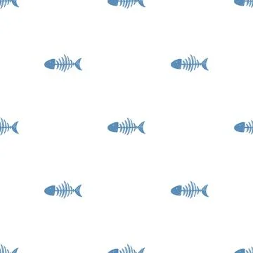 Fish bones Seamless pattern. Fish skeleton sketch, Hand drawn Cartoon Vector  Stock Illustration