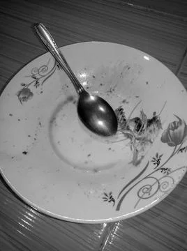 Fish bones, a spoon and a plate. Stock Photos