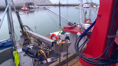 Fish is brought out of the hold of a fishing boat along a dock in Norway. Stock Footage 41997997