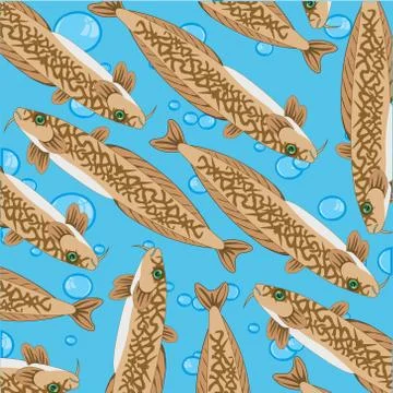Fish burbot decorative pattern on turn blue background Illustrazione stock