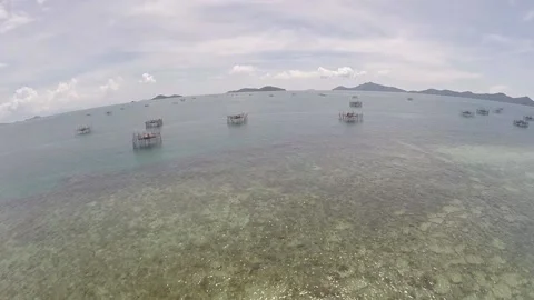 Fish cages floating in the middle of the sea Stock Footage 147381336