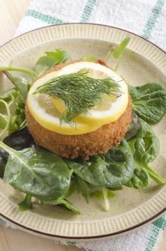 Fish cake with lemon slice on green salad Stock Photos