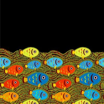 Fish card design red blue yellow orange on a black multicolored bright backgr Stock Illustration