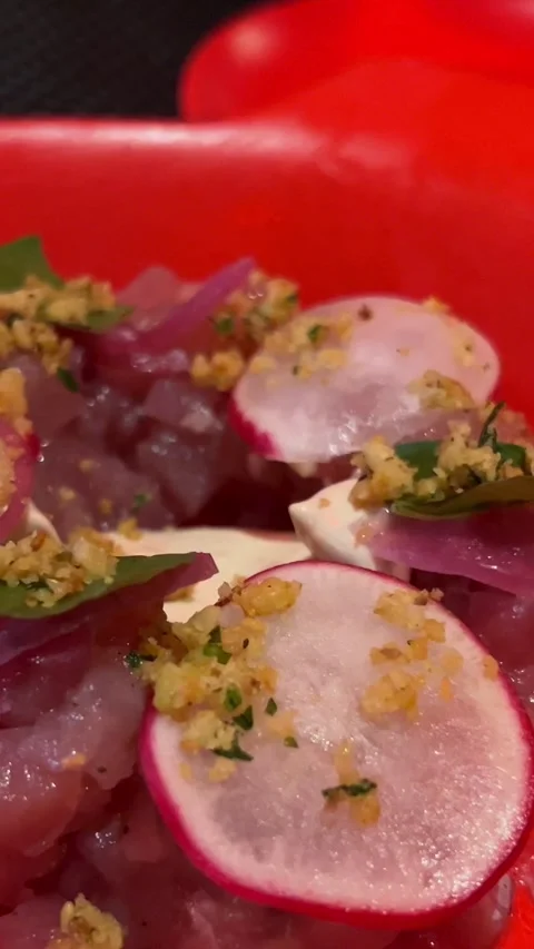 Fish carpaccio appetizing appetizer carpaccio of figs, prosciutto, arugula and Stock Footage 302074424
