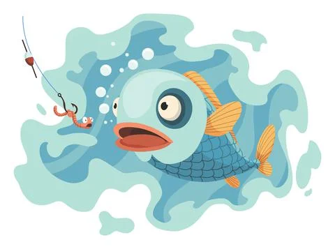 Fish catch. Cartoon fish catching the fishing lure. Jumping to catch a bait Stockillustratie