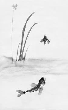 The fish catches the gadfly. Sumi-e. Stock Illustration