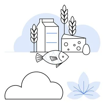 Fish, cheese, milk, wheat, egg with abstract cloud and flower. Ideal for nutr Illustrazione stock