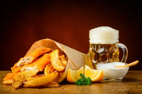 Fish, chips and beer Stock Photos