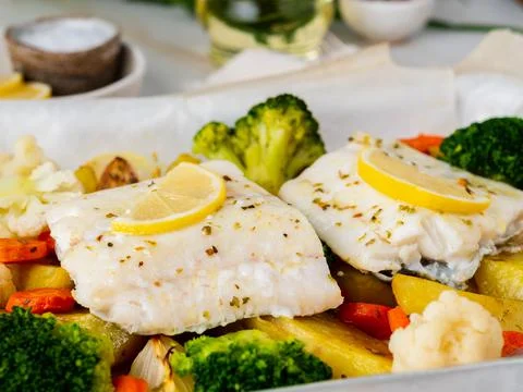 Fish cod baked with vegetables - healthy diet healthy food. Light white marble Stock Photos